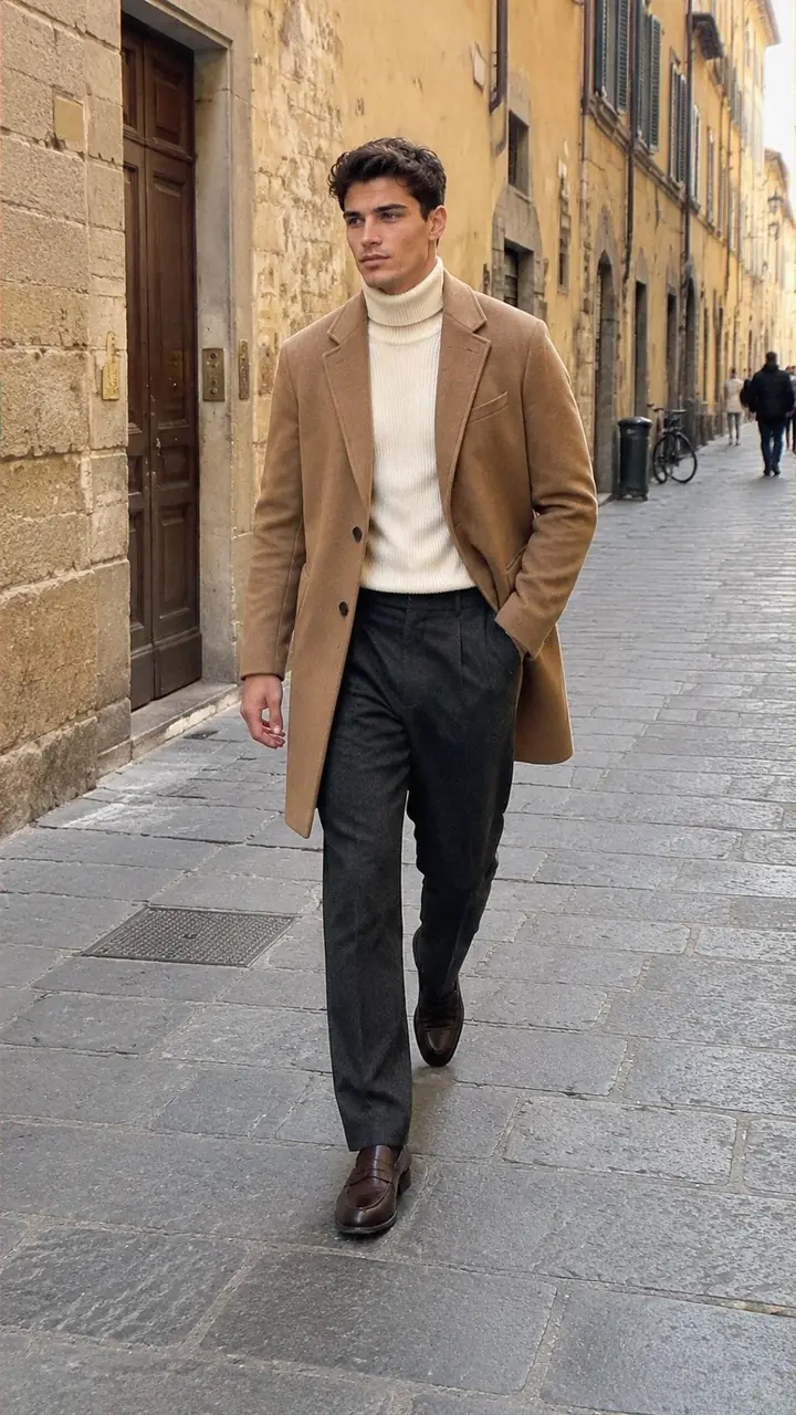 Man in a camel coat and cream turtleneck walking down an old town street