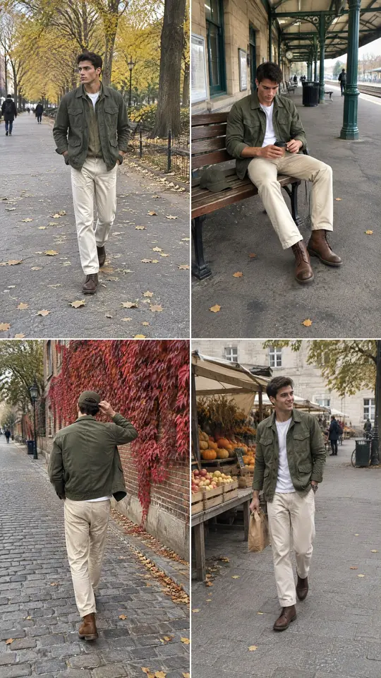 Four-photo collage of the same outfit at different spots
