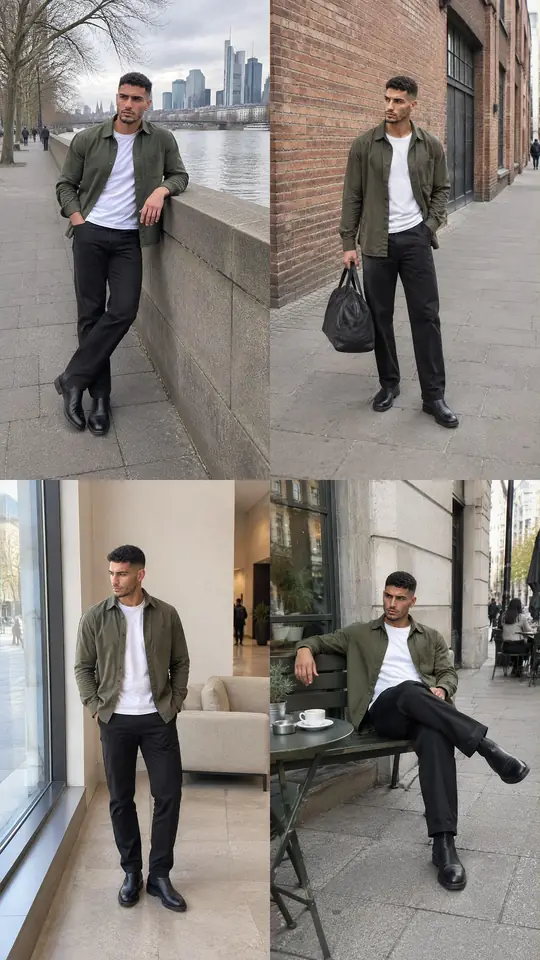 Collage aus vier Fotos von Look 1: olivfarbenes Overshirt, weißes T-Shirt, schwarze Hose und schwarze Schuhe