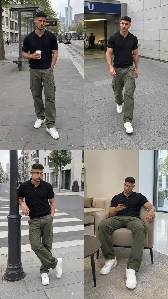 Collage aus vier Fotos von Look 2: schwarzes Strickpolo, olivfarbene Cargohose und weiße Sneaker