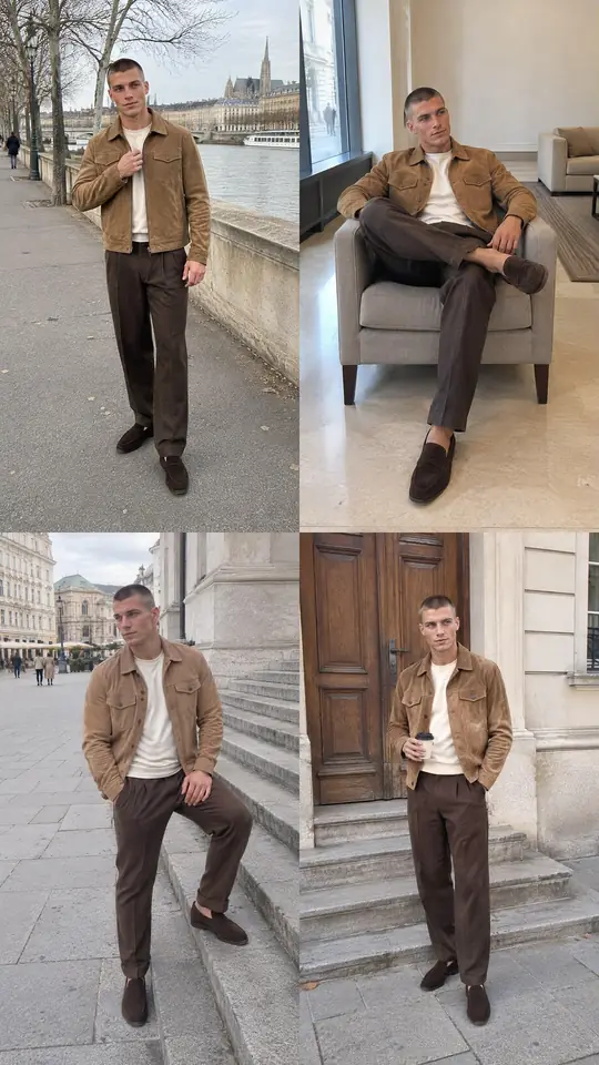Collage de cuatro fotos del look 1: chaqueta de ante camel, camiseta crema, pantalón de pinzas chocolate y mocasines de ante marrones