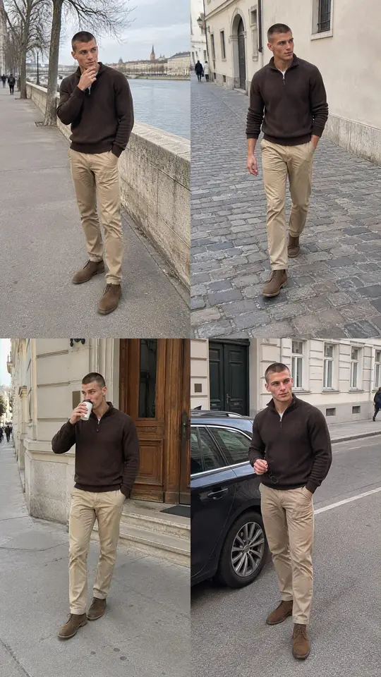 Collage de cuatro fotos del look 2: jersey de media cremallera chocolate, chino tostado y botas de ante marrones